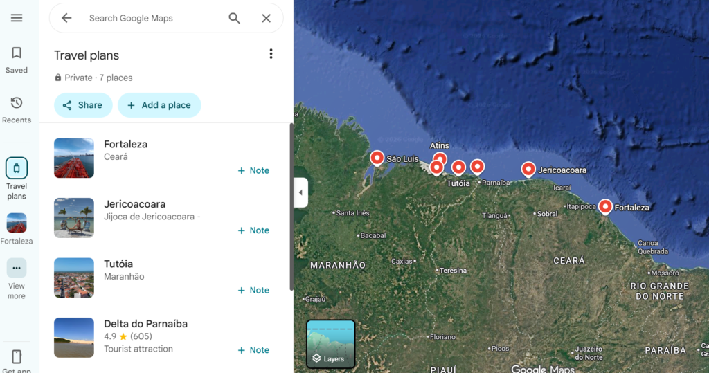 "Screenshot of a Google Maps 'Travel plans' list showing 7 saved private places along Brazil's northeastern coast, with a satellite map on the right displaying red pins for São Luís, Atins, Tutóia, Jericoacoara, and Fortaleza across Maranhão and Ceará states; the left panel shows list entries with photos for Fortaleza, Jericoacoara, Tutóia, and Delta do Parnaíba.